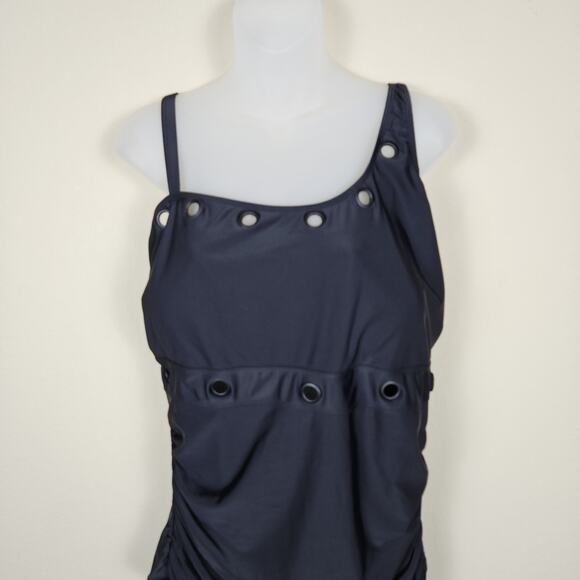 Nicole Miller Designer Swimsuit Womens 1X Black Grommet Asymmetric Full Coverage - Picture 1 of 16